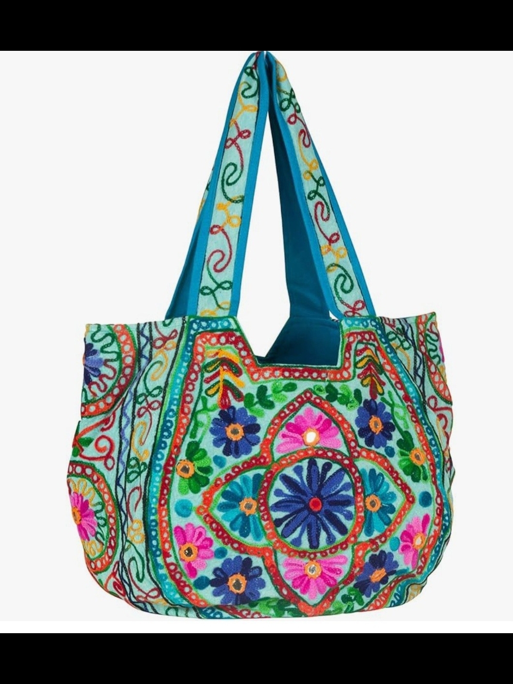 Handmade Turquoise Floral Embroidered Large Tote Bag with Multicolor Accents